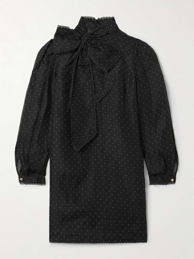 Zimmermann Pussy-bow Lace-trimmed Polka-dot Linen And Silk-blend Organza Mini Dress