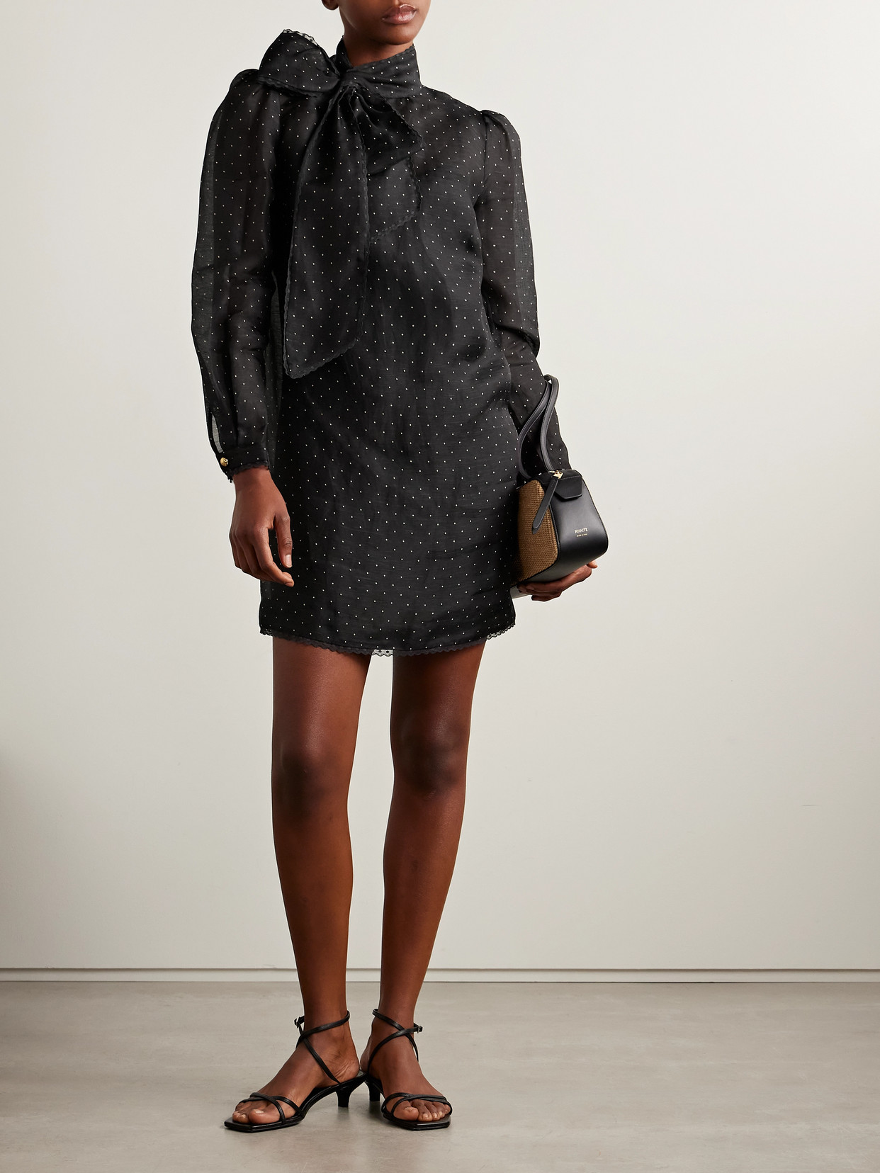 Zimmermann Pussy-bow Lace-trimmed Polka-dot Linen And Silk-blend Organza Mini Dress In Black