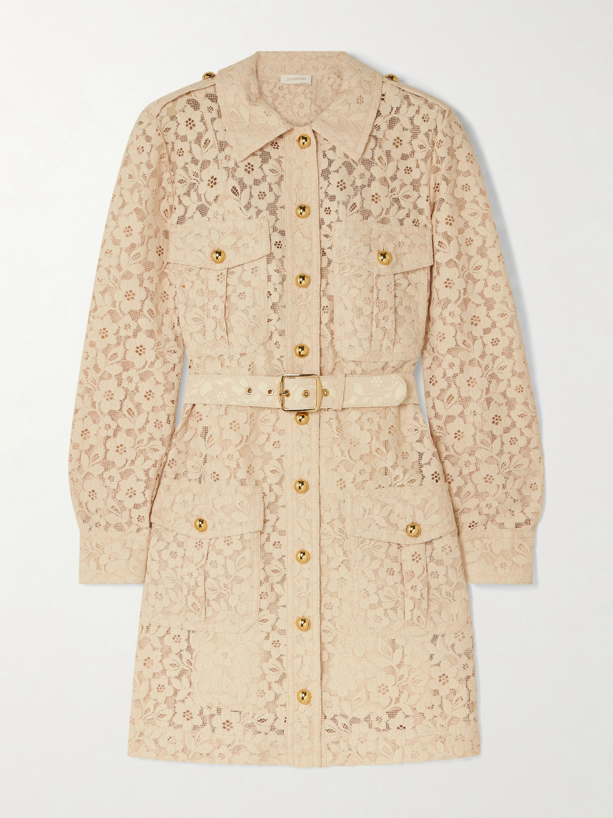 Zimmermann Belted Lace Mini Shirt Dress In Neutral
