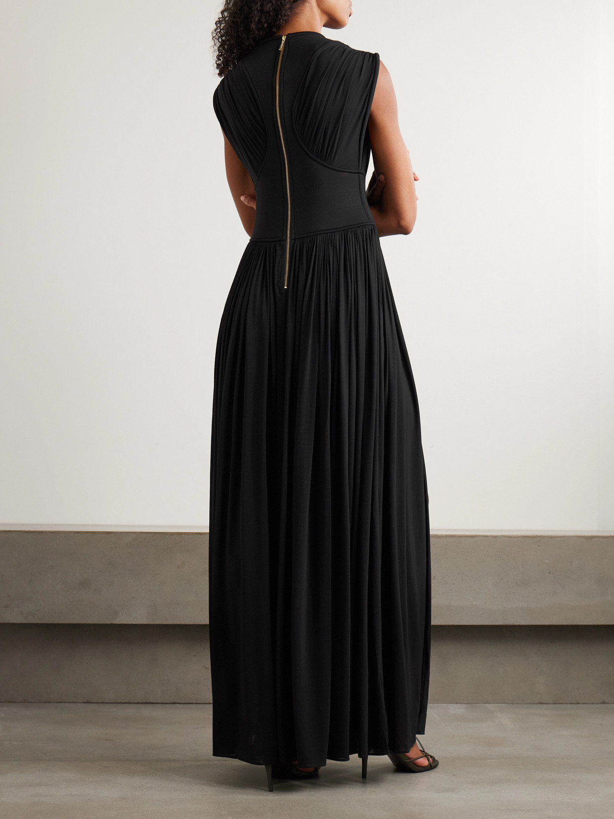 Zimmermann Hypnotic Gathered Paneled Stretch-jersey Maxi Dress In Black