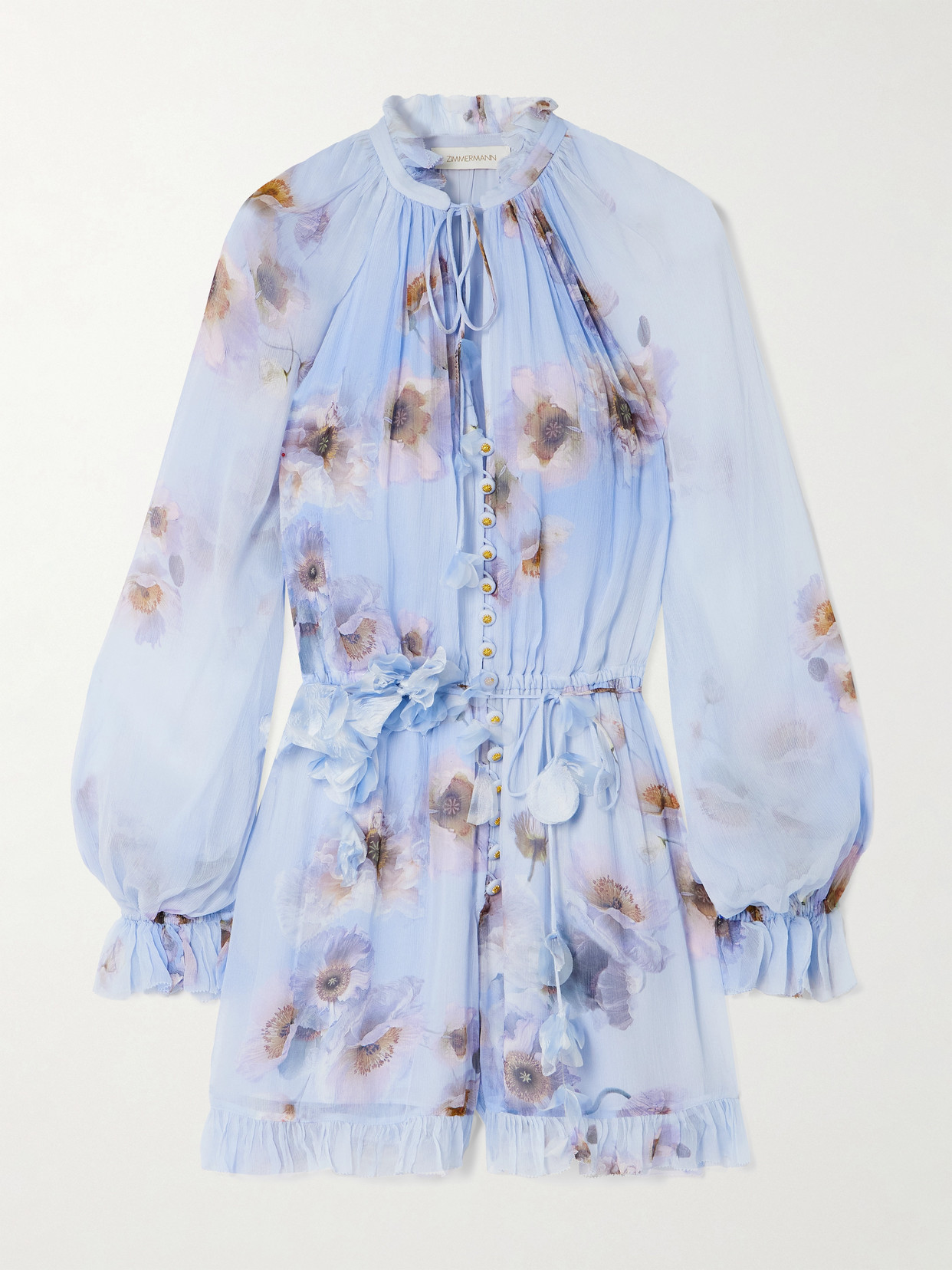 Zimmermann Belted Ruffled Floral-print Crepe Playsuit In Purple