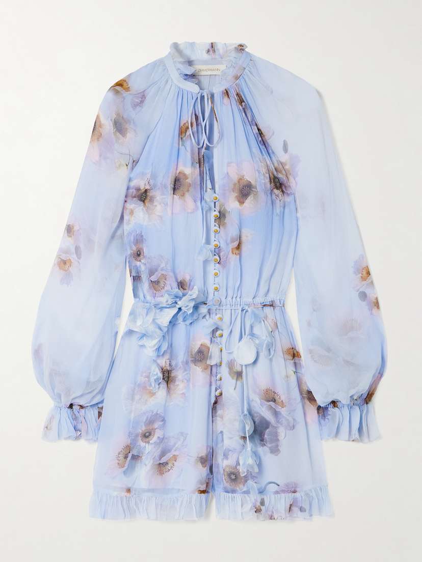 Zimmermann Belted Ruffled Floral-print Crepe Playsuit