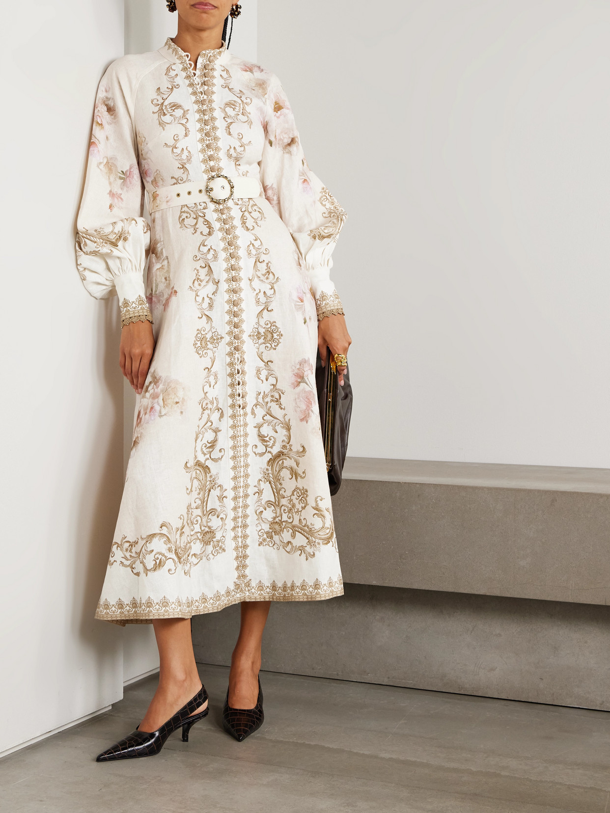 Zimmermann Womens Cream Peony Printed Silk-belt Buttoned Linen Midi Dress Xxs In Multi