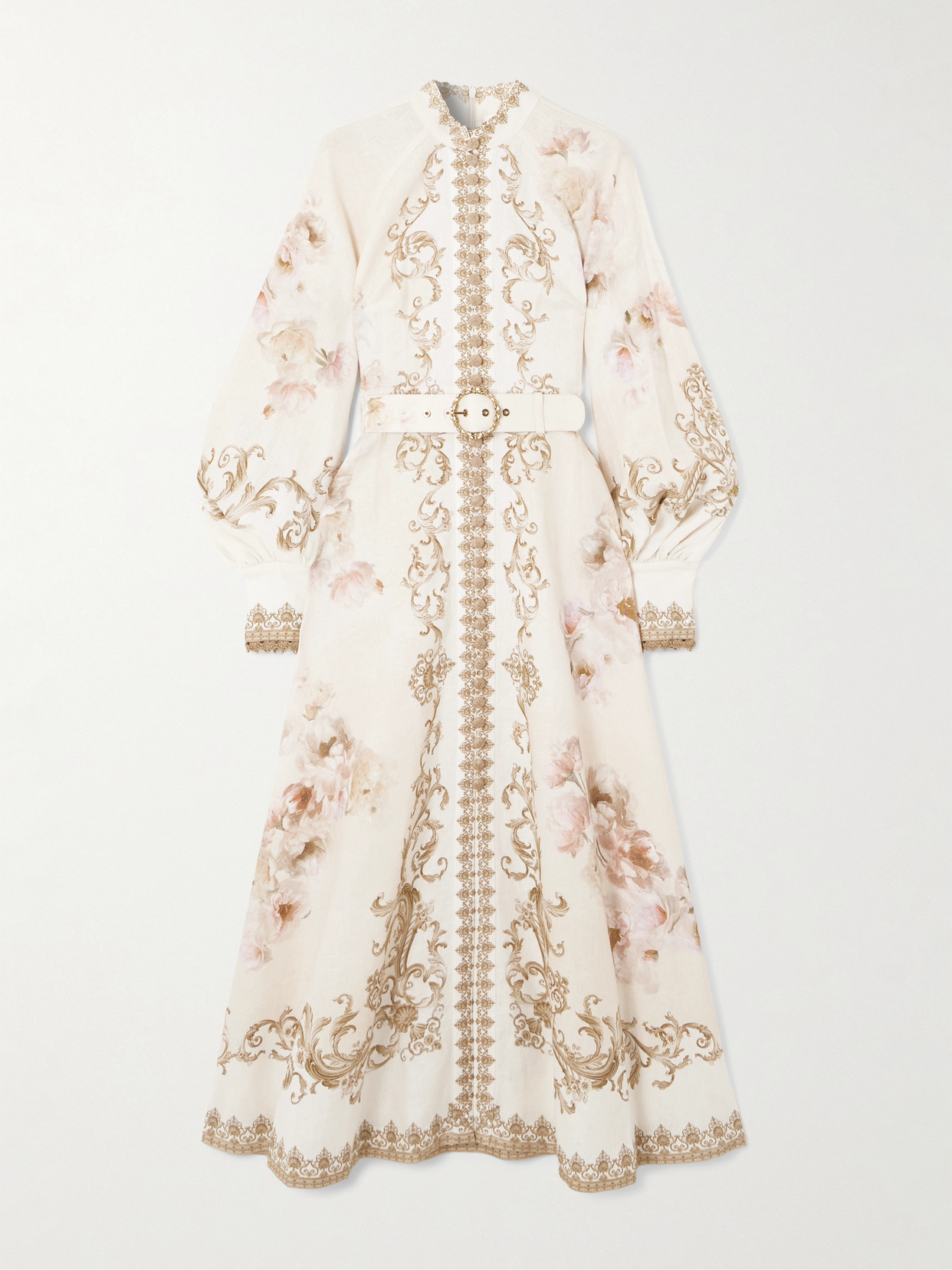 Zimmermann Belted Floral-print Linen Midi Dress In White