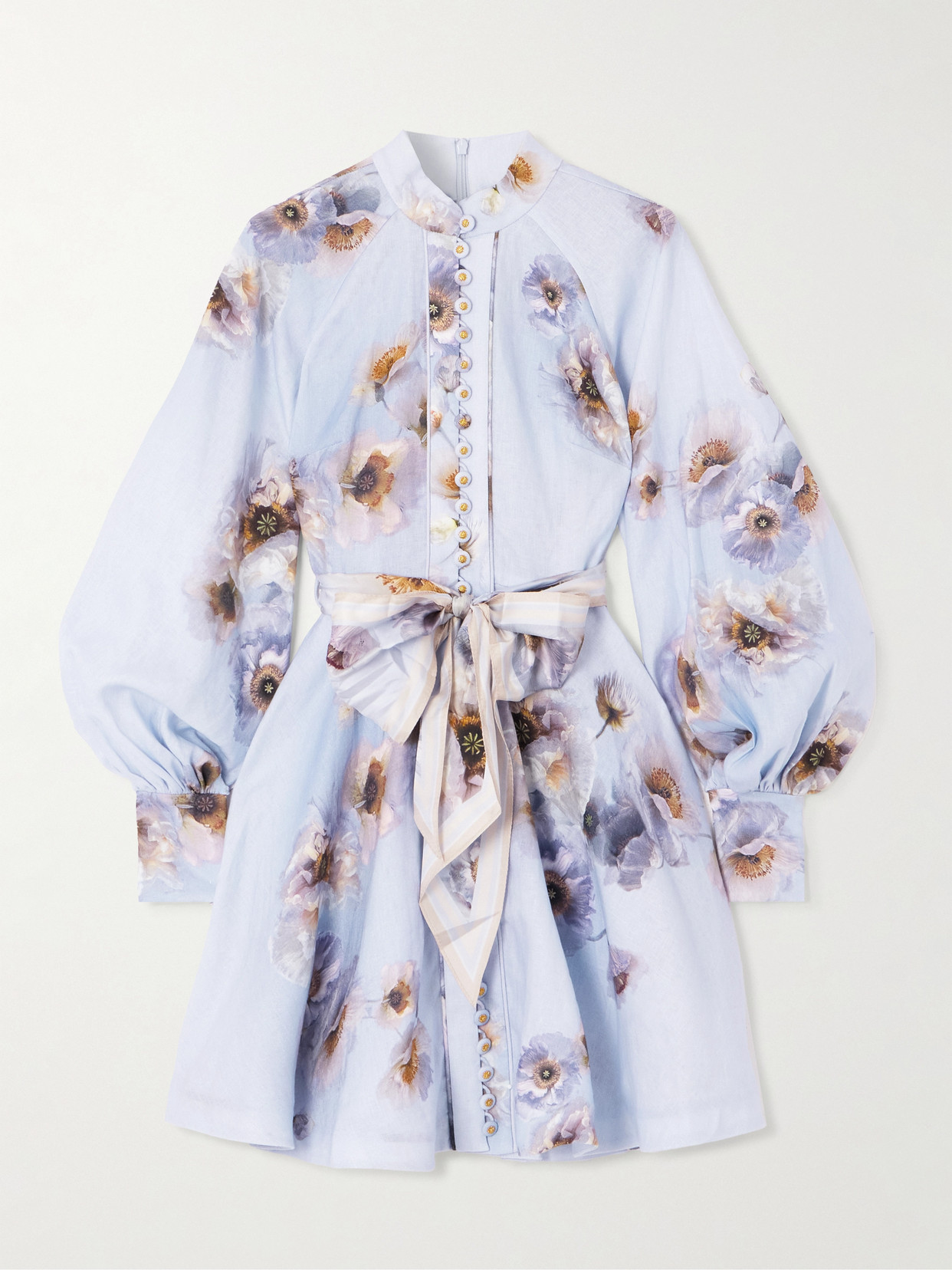 Zimmermann Belted Floral-print Silk-trimmed Linen Mini Dress In Purple