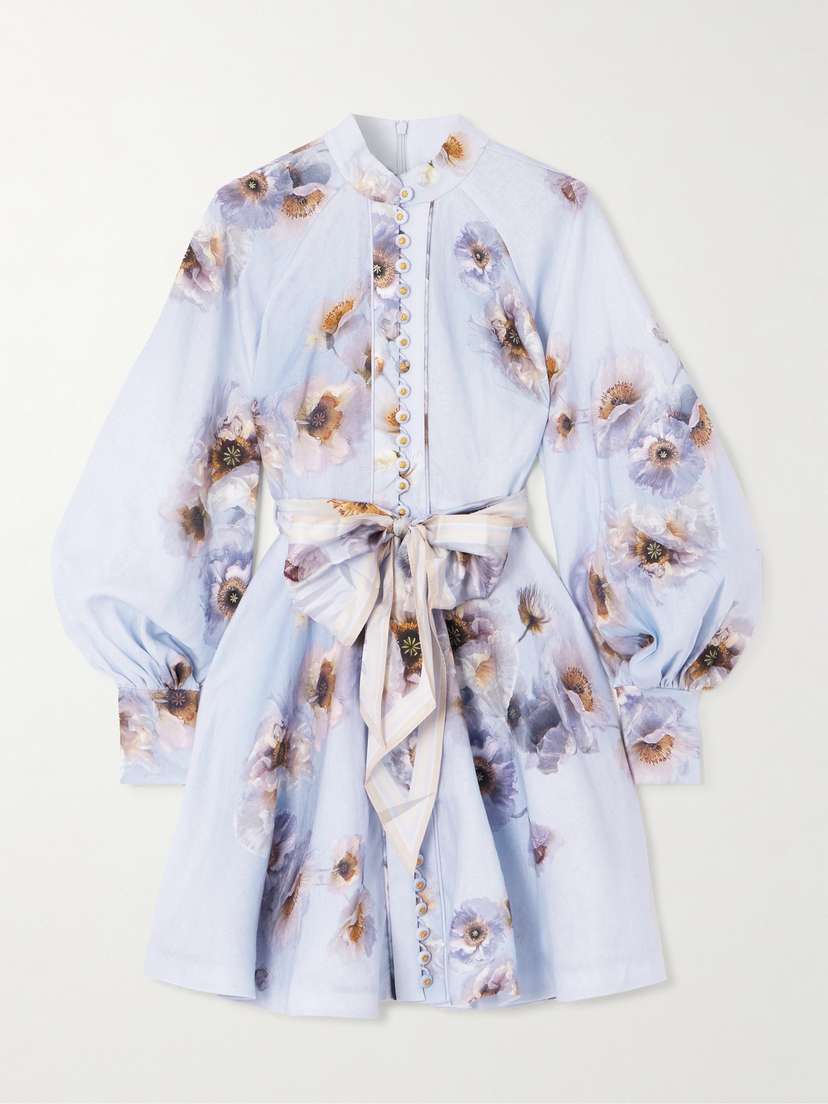 Zimmermann Belted Floral-print Silk-trimmed Linen Mini Dress