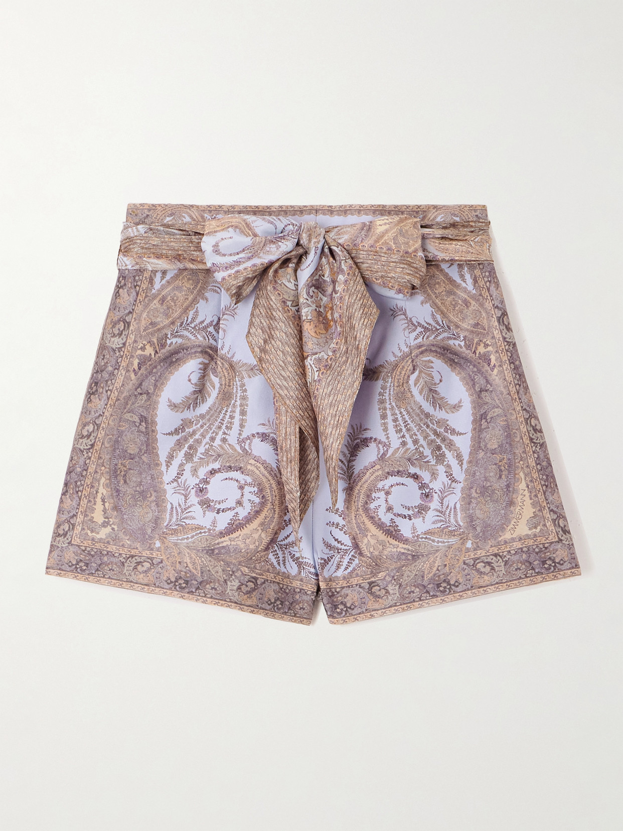 Zimmermann Belted Printed Silk And Cotton-blend Twill Shorts In Purple