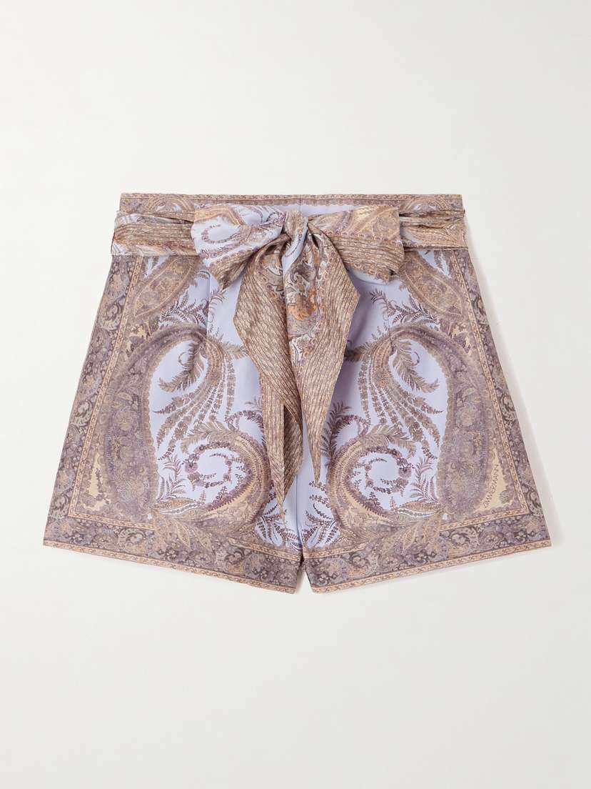 Zimmermann Belted Printed Silk And Cotton-blend Twill Shorts