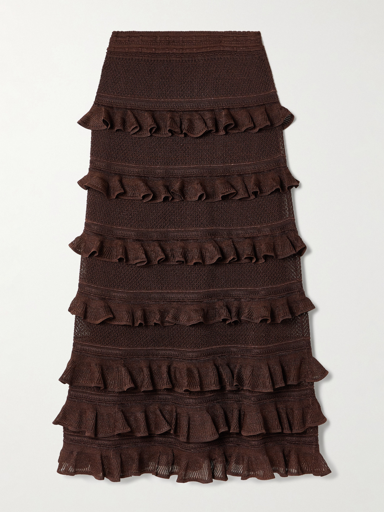 Zimmermann Metallic Ruffled Pointelle-knit Maxi Skirt In Brown