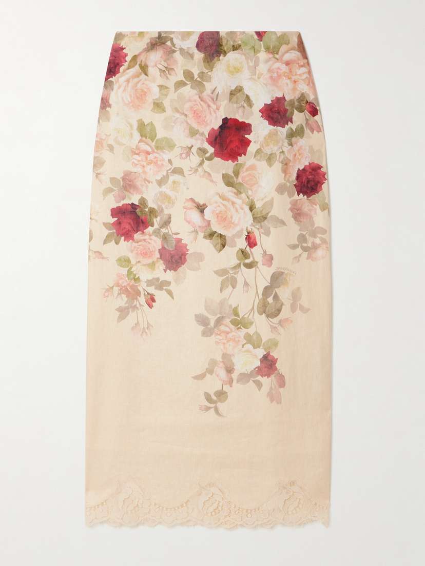 Zimmermann Lace-trimmed Floral-print Linen Midi Skirt
