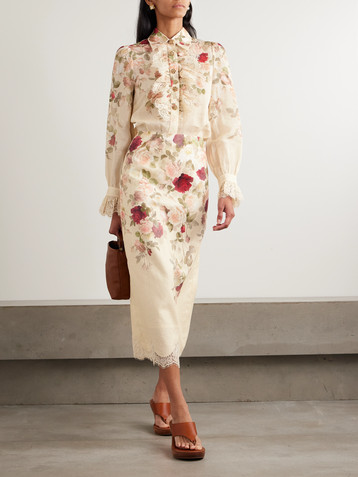 Zimmermann Lace-trimmed floral-print linen midi skirt