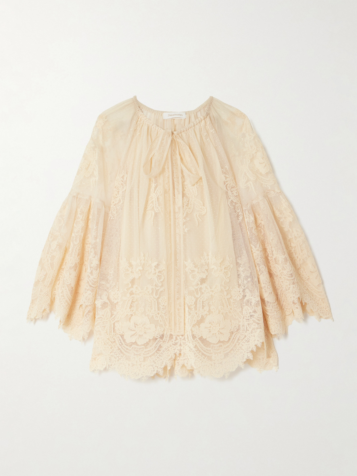 Zimmermann Hypnotic Tie-neck Flocked Lace Blouse In Nude
