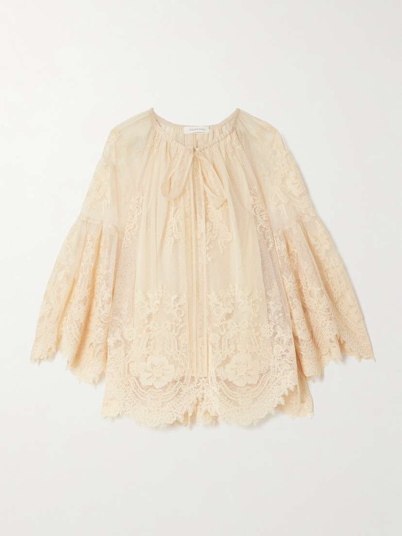 Zimmermann Hypnotic Tie-neck Flocked Lace Blouse