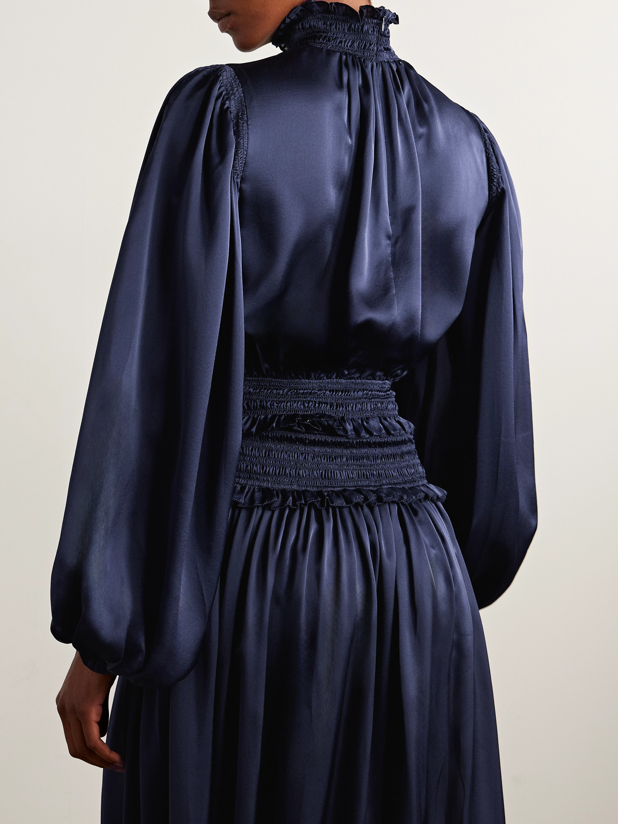 Zimmermann Dream Cropped Shirred Silk-satin Blouse In Blue