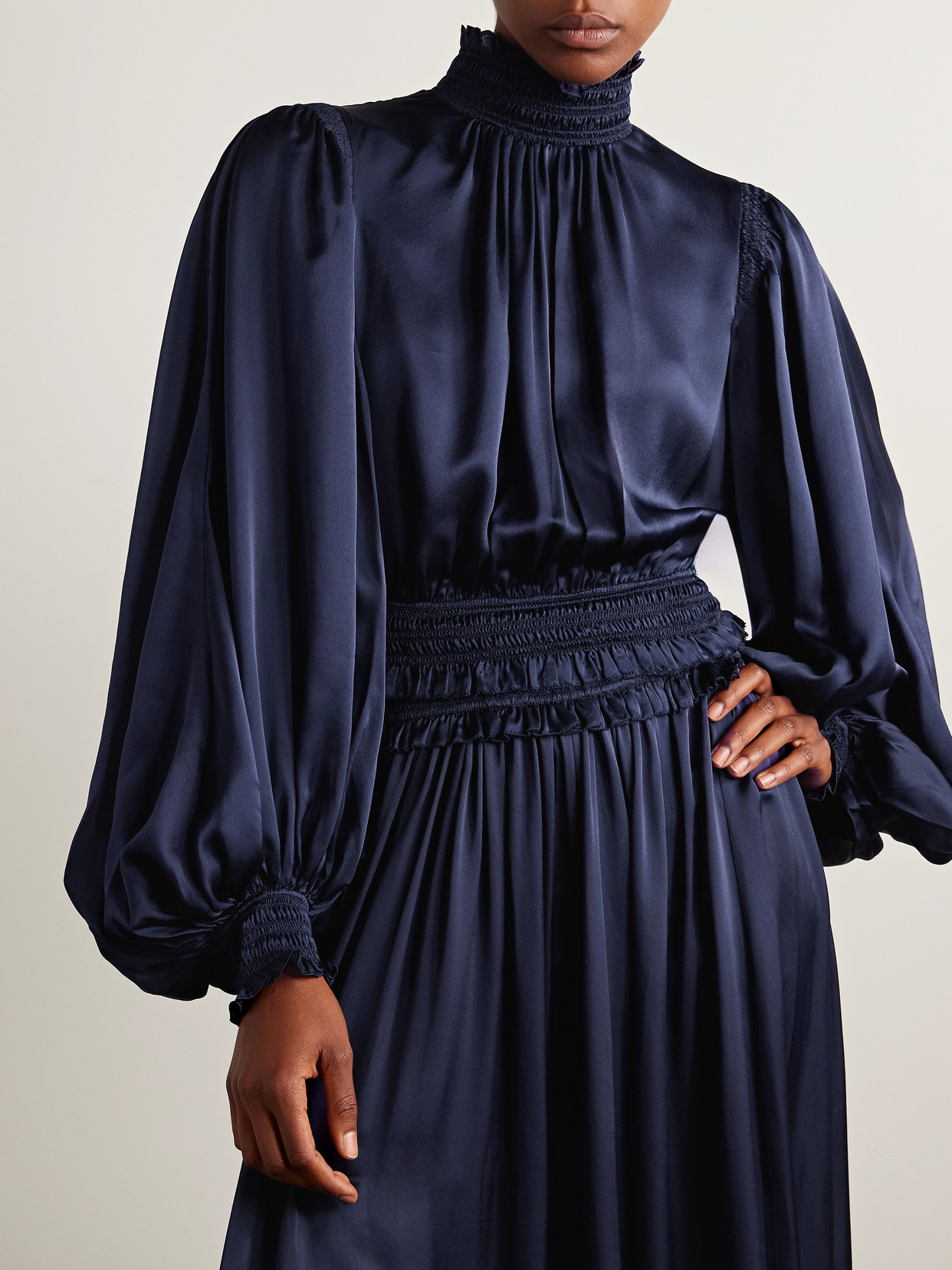 Zimmermann Dream Cropped Shirred Silk-satin Blouse In Blue