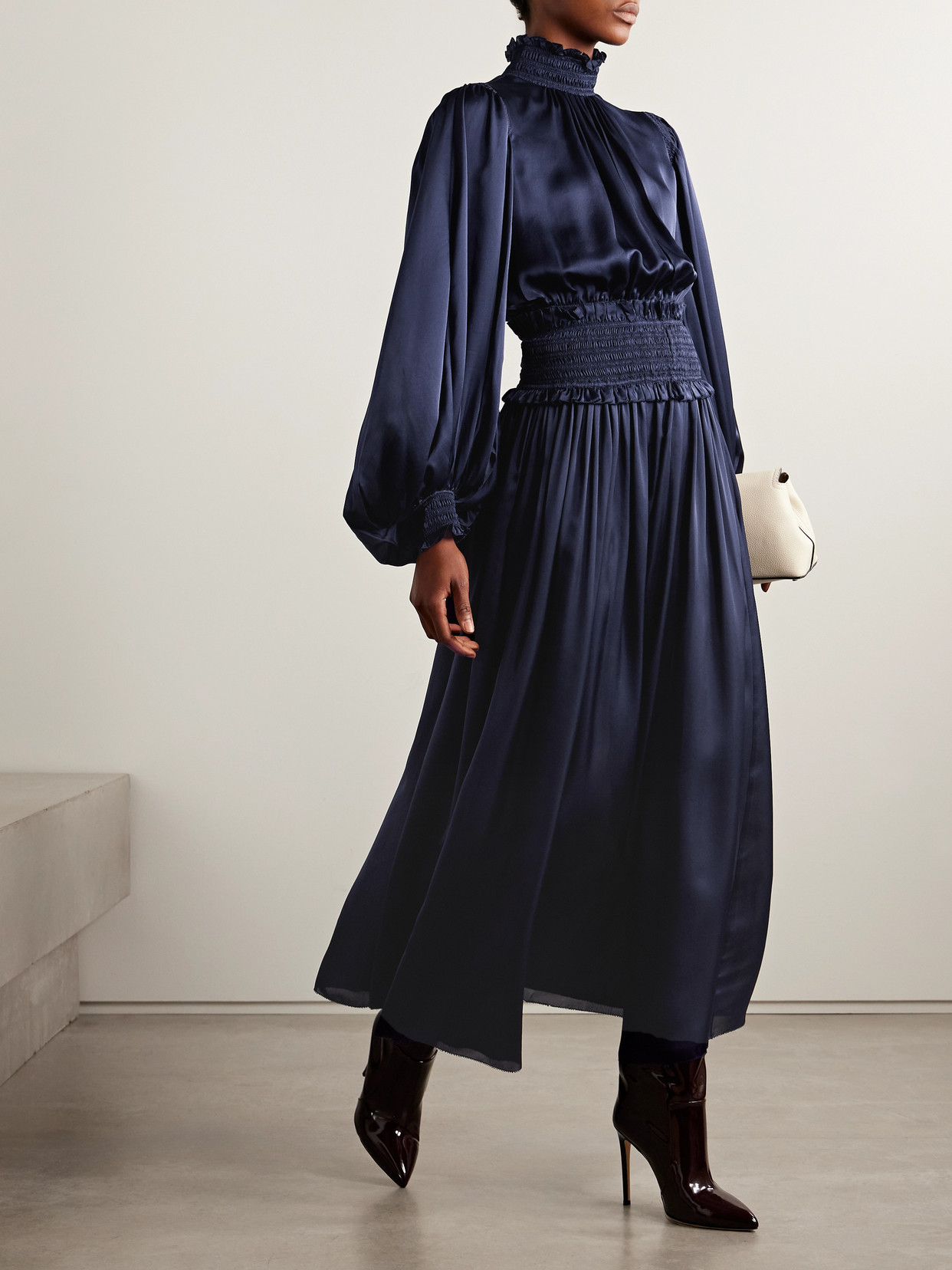 Zimmermann Dream Cropped Shirred Silk-satin Blouse In Blue