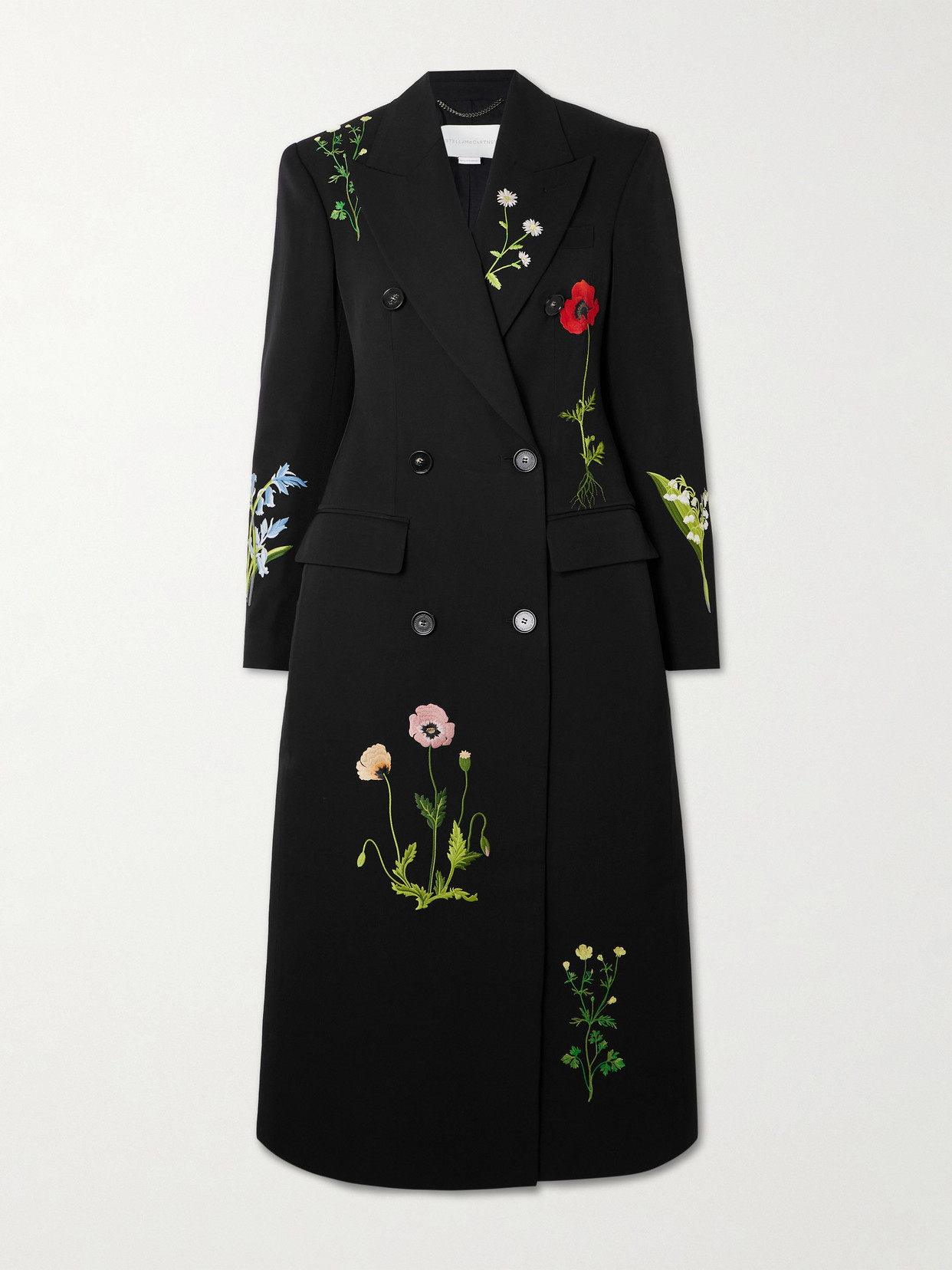 Stella Mccartney Double-breasted Embroidered Wool-twill Coat In Black