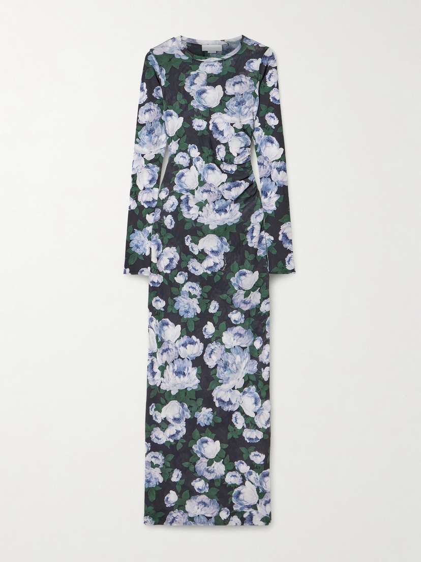 Gathered Floral-print Stretch-mesh Maxi Dress
