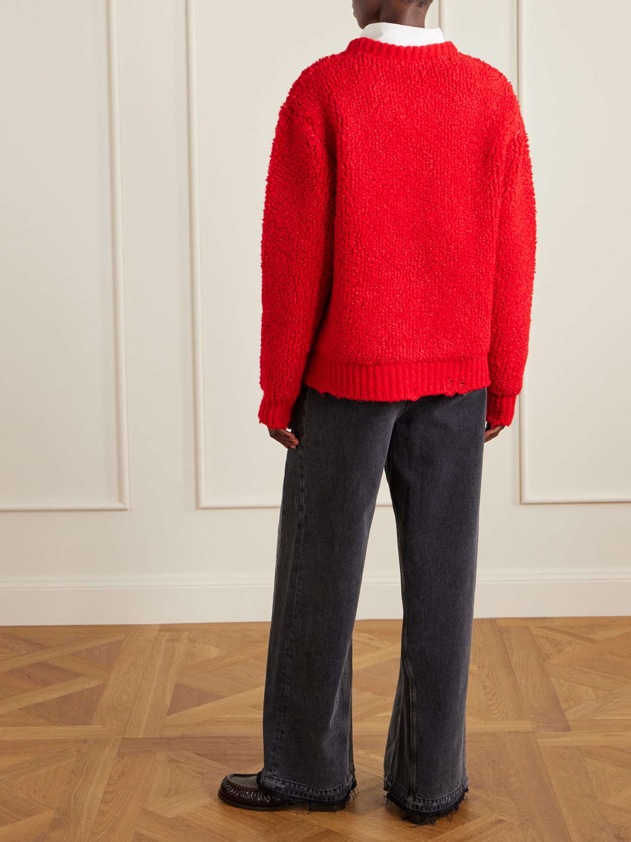 Stella Mccartney Oversized Distressed Jacquard-knit Wool-blend Fleece Sweater In Red
