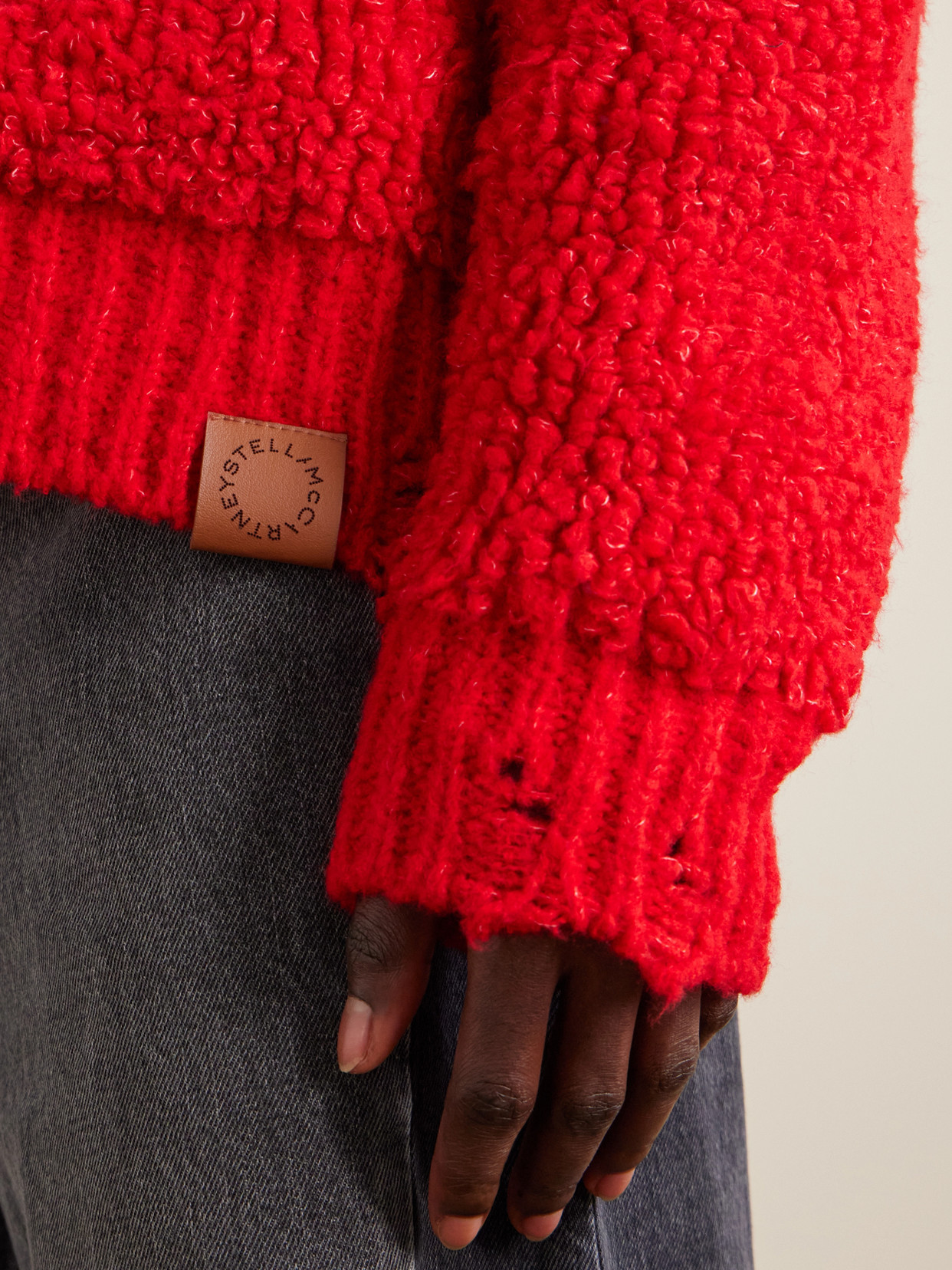 Stella Mccartney Oversized Distressed Jacquard-knit Wool-blend Fleece Sweater In Red