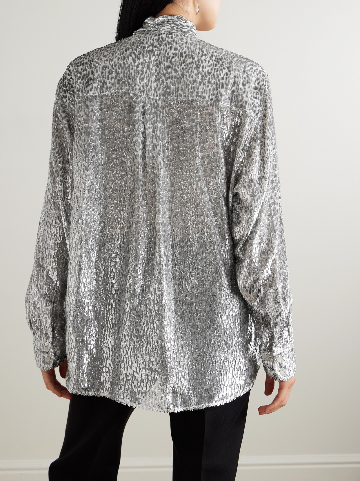 Stella Mccartney Tie-neck Metallic Fil Coupé Blouse In Gray