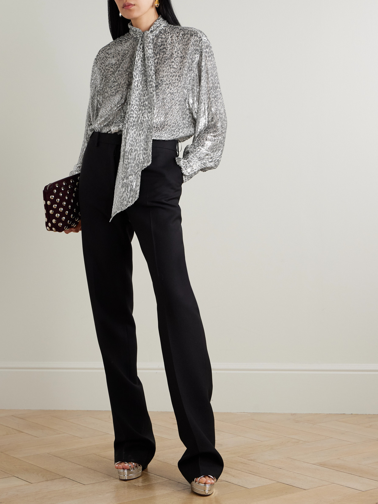Stella Mccartney Tie-neck Metallic Fil Coupé Blouse In Gray