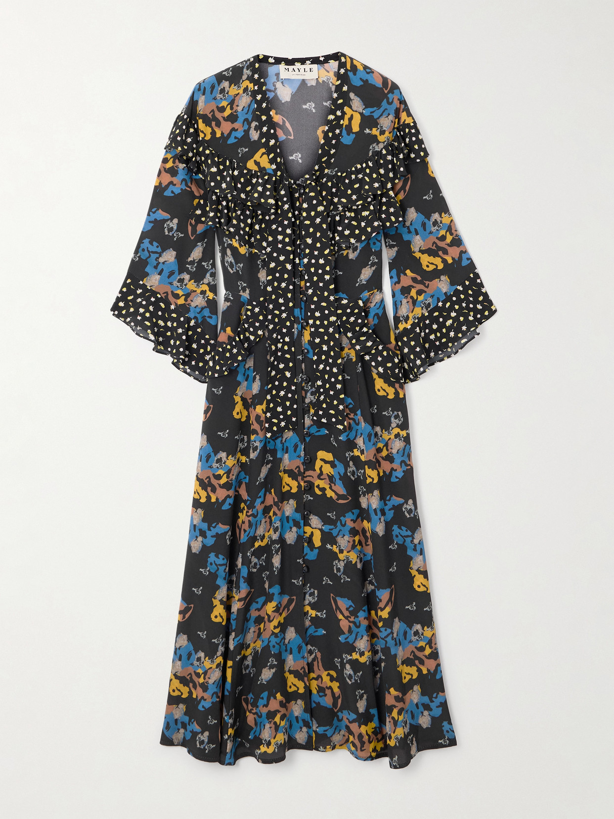 Maison Mayle Majorelle Tie-neck Ruffled Printed Silk-voile Midi Dress In Multi
