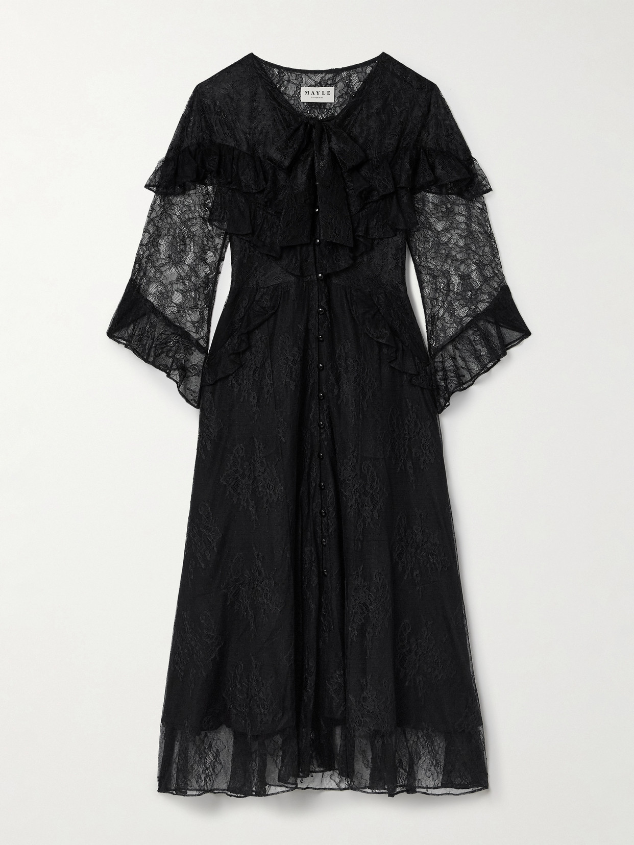 Maison Mayle Majorelle Tie-neck Ruffled Chantilly Lace Maxi Dress In Black