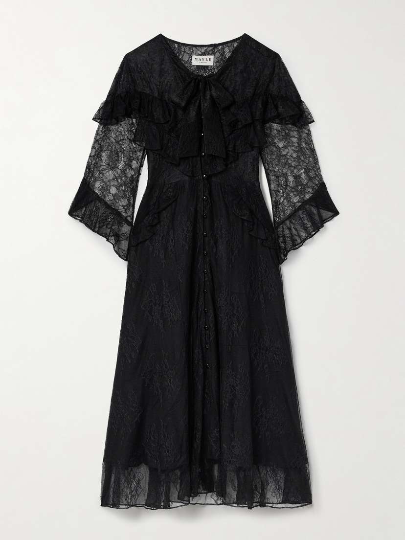 MAISON MAYLE Majorelle Tie-neck Ruffled Chantilly Lace Maxi Dress