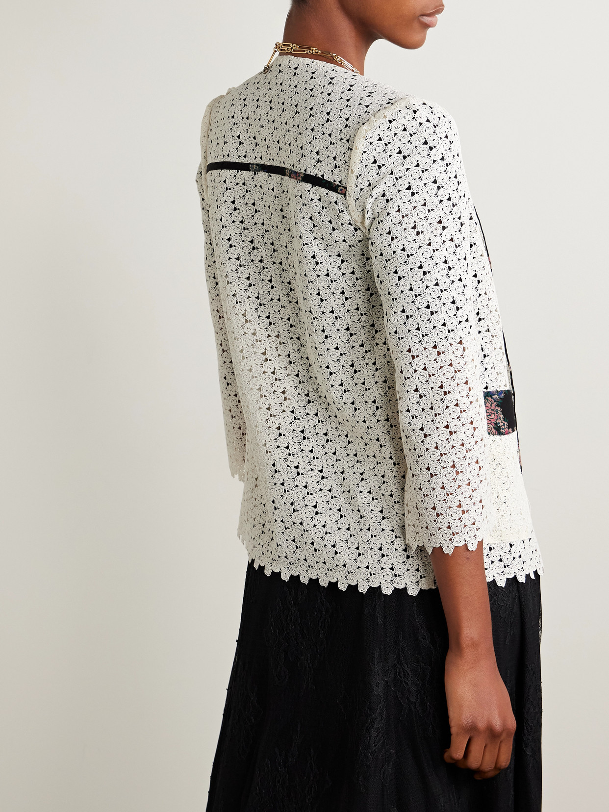 Maison Mayle Caribbea Floral-print Silk Crepe-trimmed Crocheted Lace Jacket In Multi