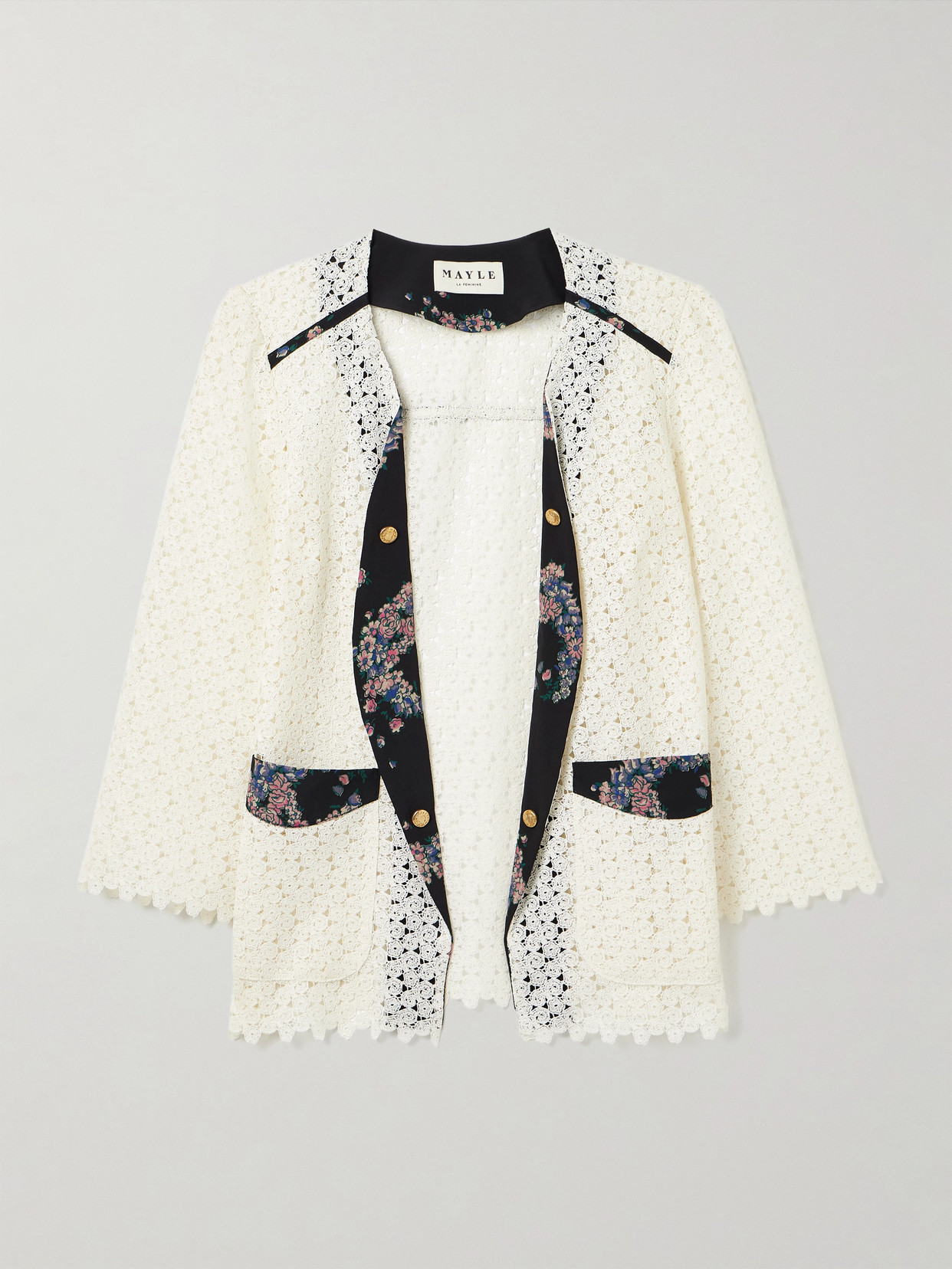 Maison Mayle Caribbea Floral-print Silk Crepe-trimmed Crocheted Lace Jacket In Multi