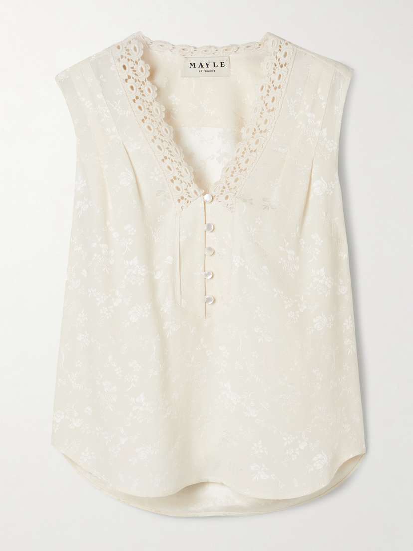 MAISON MAYLE Noor Crocheted Lace-trimmed Silk-jacquard Top