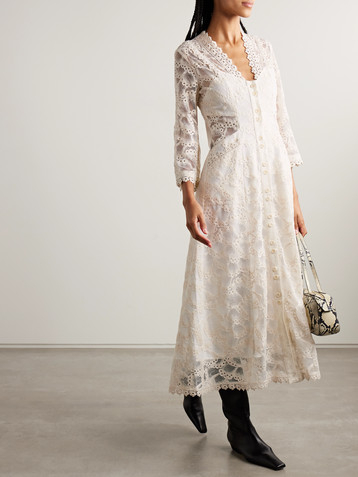 MAISON MAYLE Valesca silk jacquard-trimmed cotton-blend guipure lace midi dress