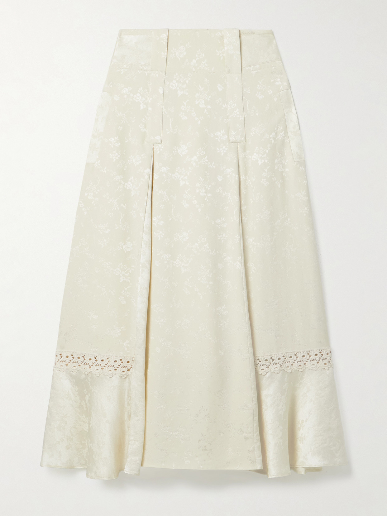 Maison Mayle Amparo Pleated Lace-trimmed Silk-satin Jacquard Midi Skirt In White