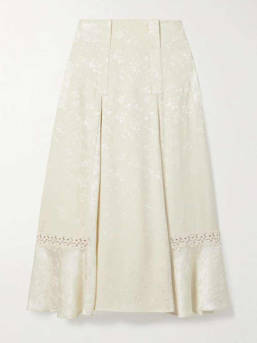 MAISON MAYLE Amparo Pleated Lace-trimmed Silk-satin Jacquard Midi Skirt