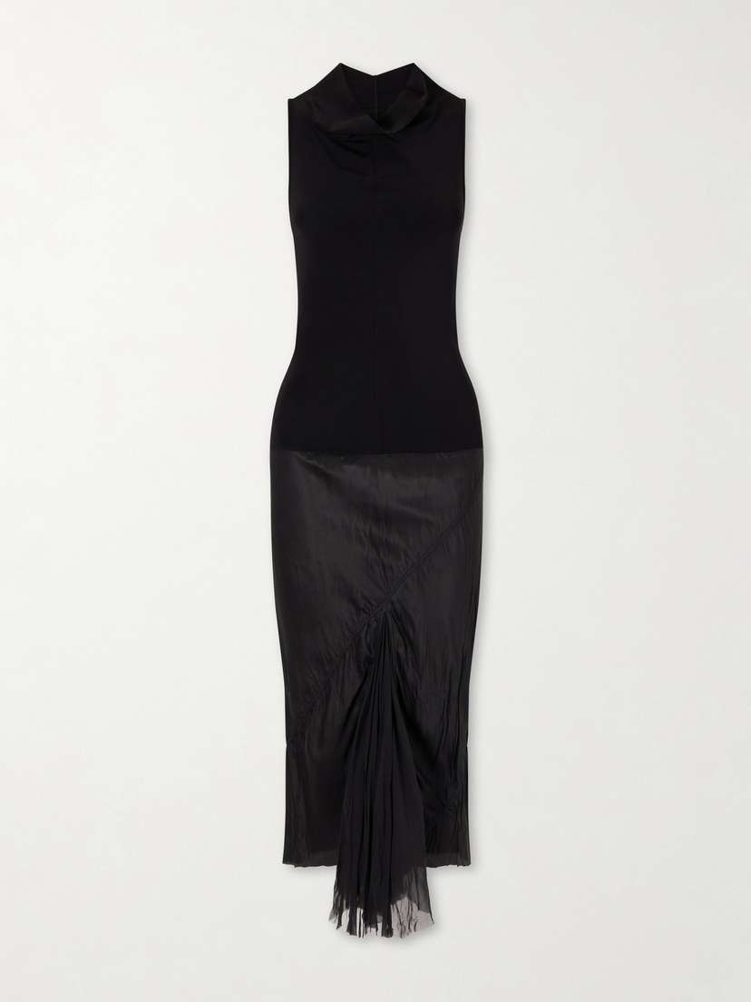 Rick Owens Sliced Stretch-jersey And Crinkled-satin Midi Dress