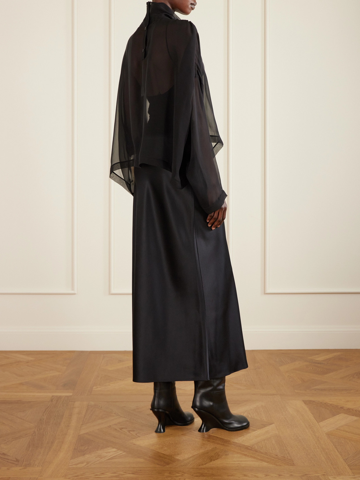 Jumbo Tabard Silk-Chiffon Turtleneck Blouse