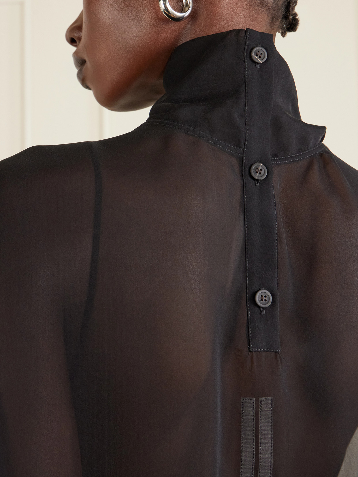 Jumbo Tabard Silk-Chiffon Turtleneck Blouse