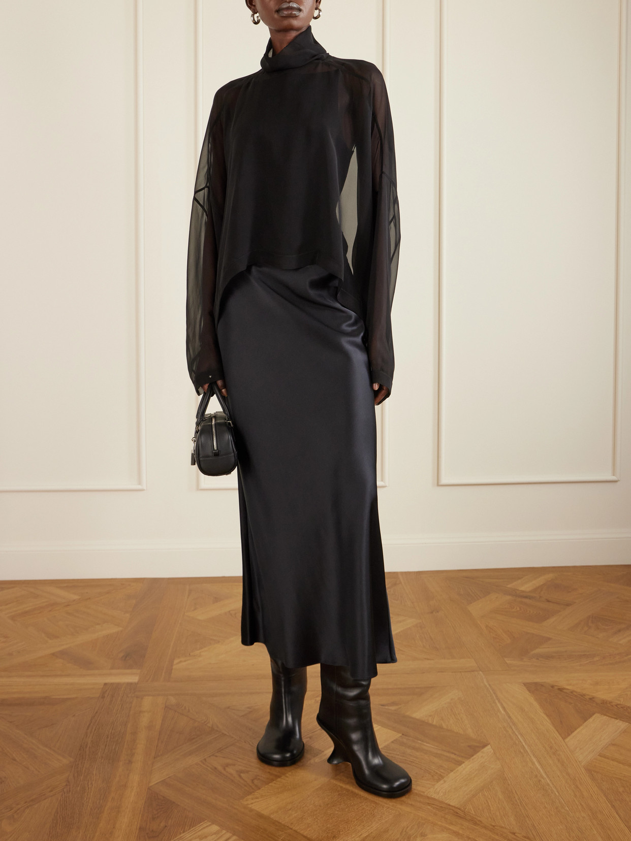 Jumbo Tabard Silk-Chiffon Turtleneck Blouse