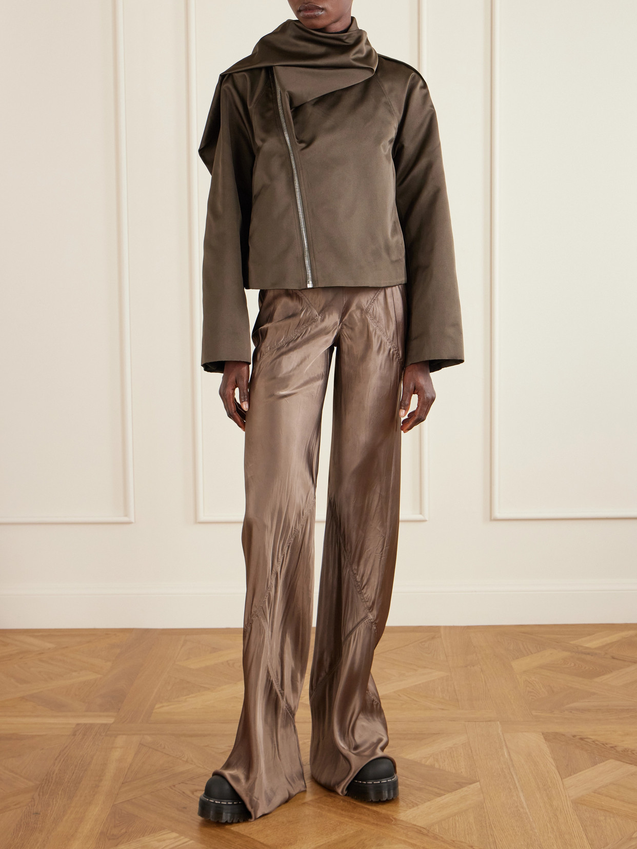 Cropped Scarf Flight Satin-Shell Jacket