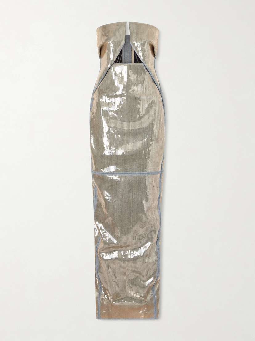 Rick Owens Strapless Cutout Sequined Denim Gown