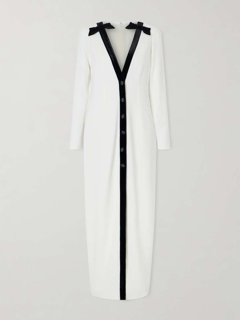 Alessandra Rich Bow-detailed Velvet-trimmed Stretch-cady Midi Dress