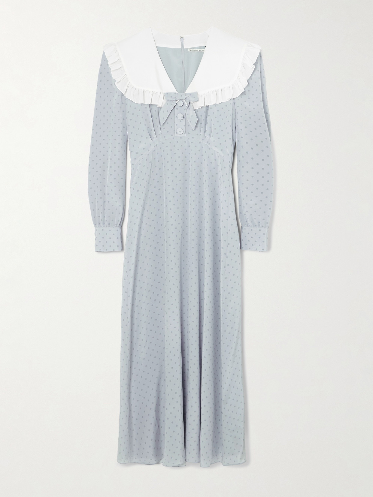 Alessandra Rich Bow-embellished Ruffled Polka-dot Silk Crepe De Chine Midi Dress In Gray