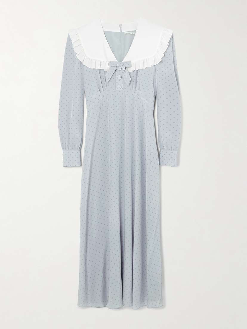 Alessandra Rich Bow-embellished Ruffled Polka-dot Silk Crepe De Chine Midi Dress