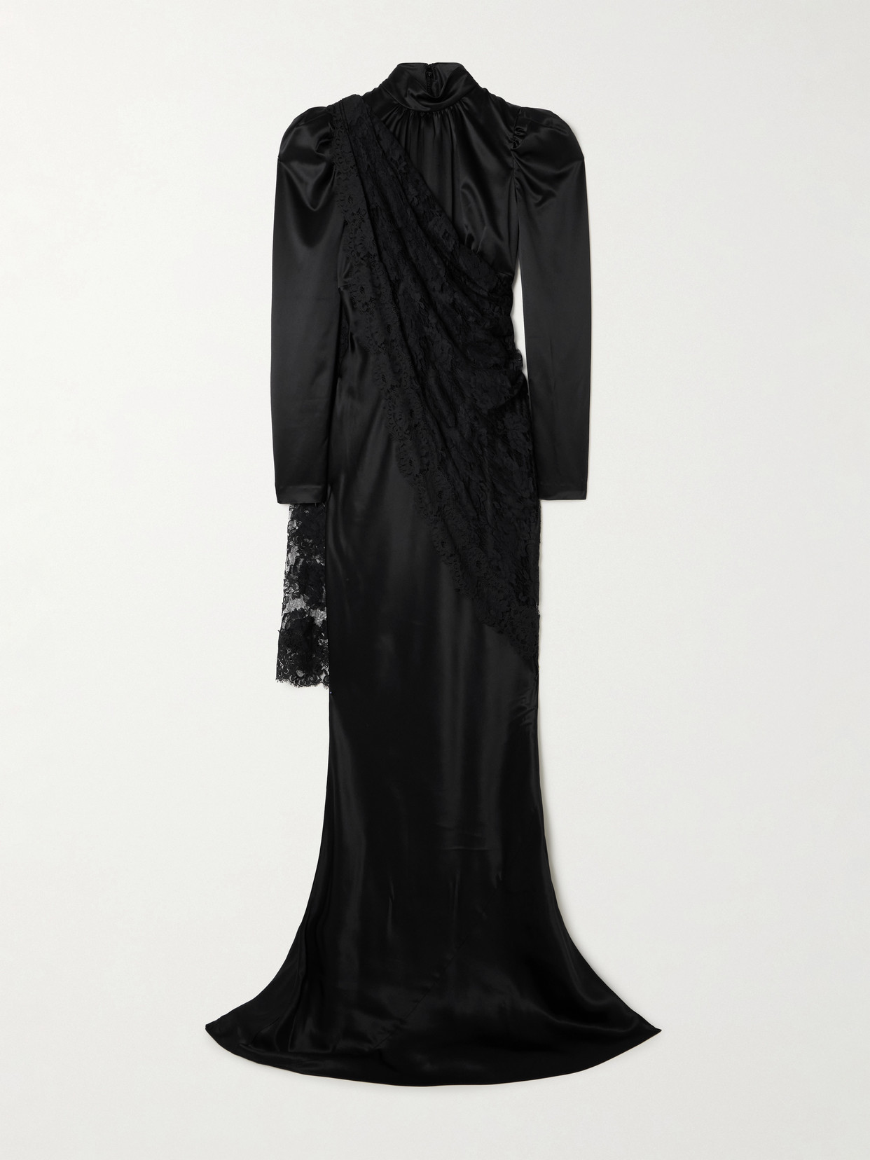 Alessandra Rich Cape-effect Lace-trimmed Silk-satin Gown In Black