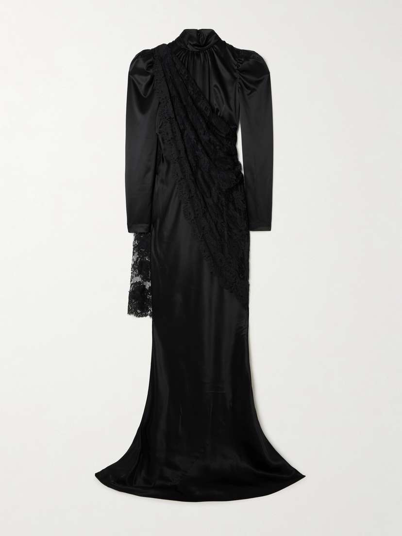 Alessandra Rich Cape-effect Lace-trimmed Silk-satin Gown