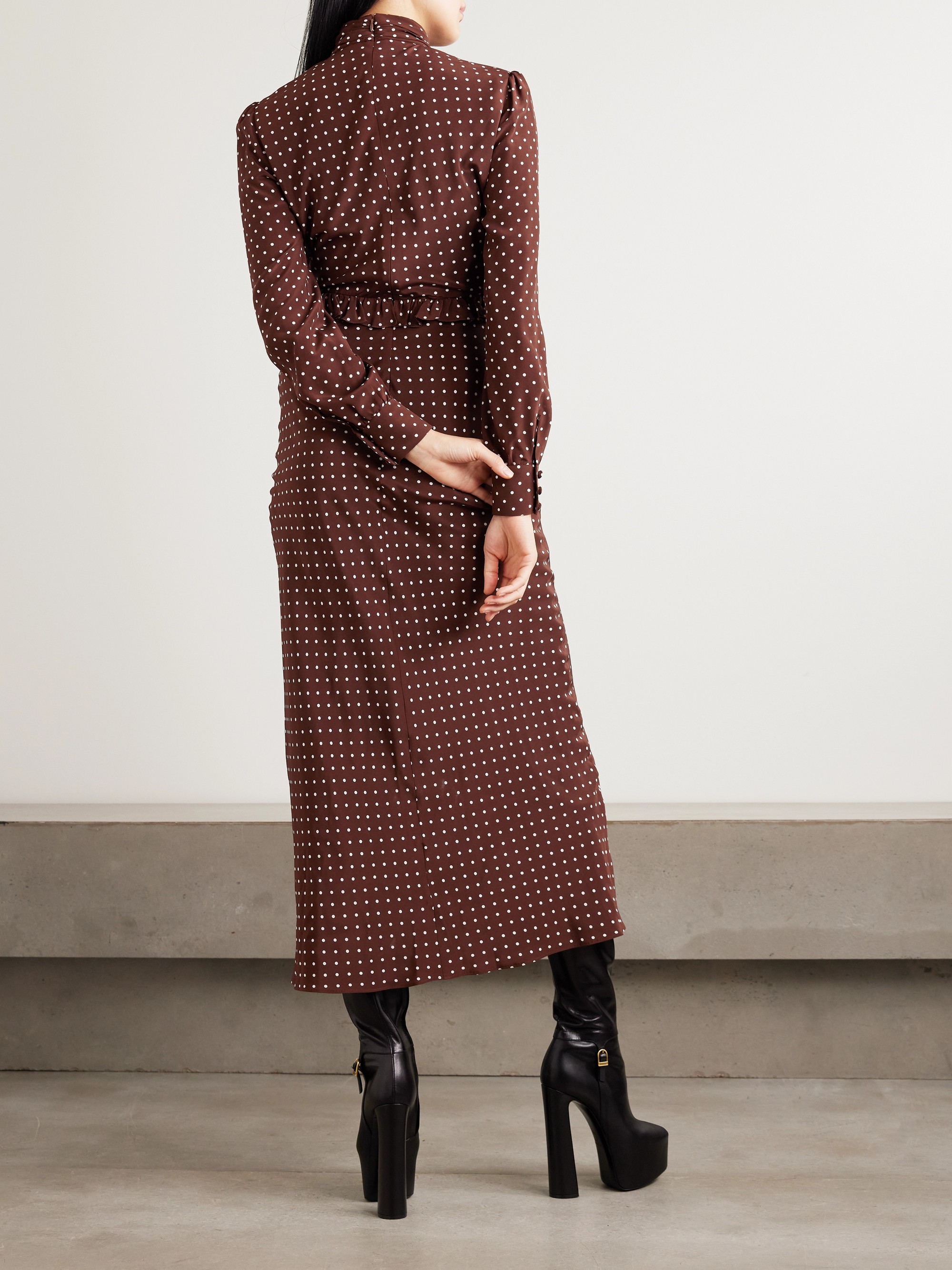 Alessandra Rich Ruffled bow-detailed polka-dot silk crepe de chine midi dress