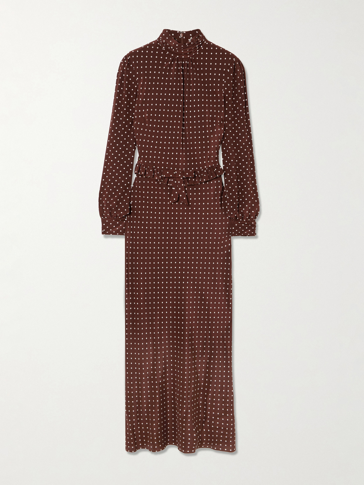 Alessandra Rich Ruffled Bow-detailed Polka-dot Silk Crepe De Chine Midi Dress In Brown