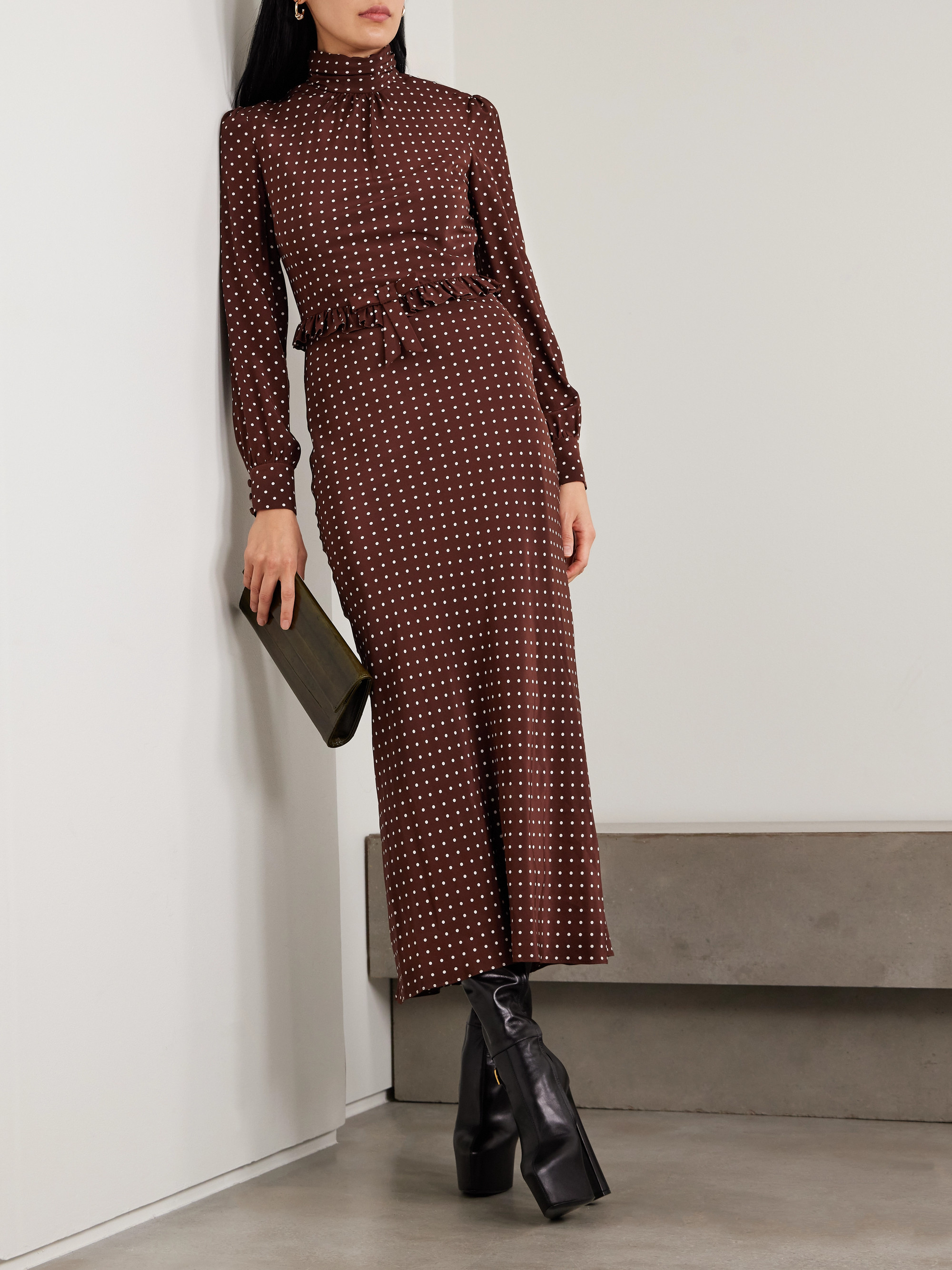 Alessandra Rich Ruffled bow-detailed polka-dot silk crepe de chine midi dress