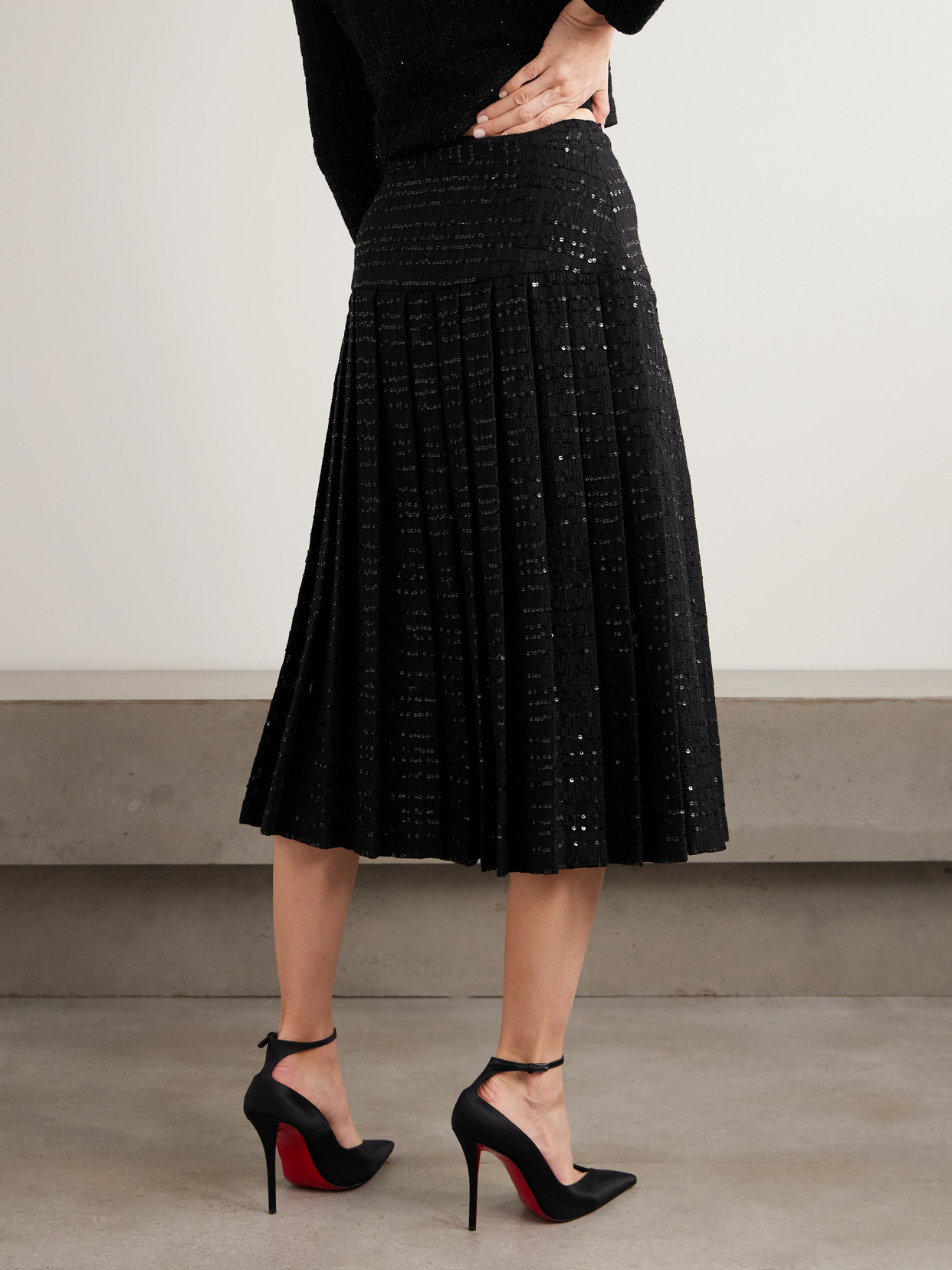 Sequin-Embellished Pleated Tweed Midi